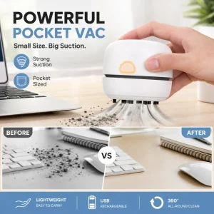 🧹 50% RABATT! Bærbar Mini Skrivebordsstøvsuger – Fjerner Smuler & Støv Fra Tastaturer! ✨ 65×63mm Kompakt – Perfekt for Hjemmet, Kontoret & Bilen. 🔋 Sterk Suging – Kjøp 3 for 10% Ekstra Rabatt! 🖥️