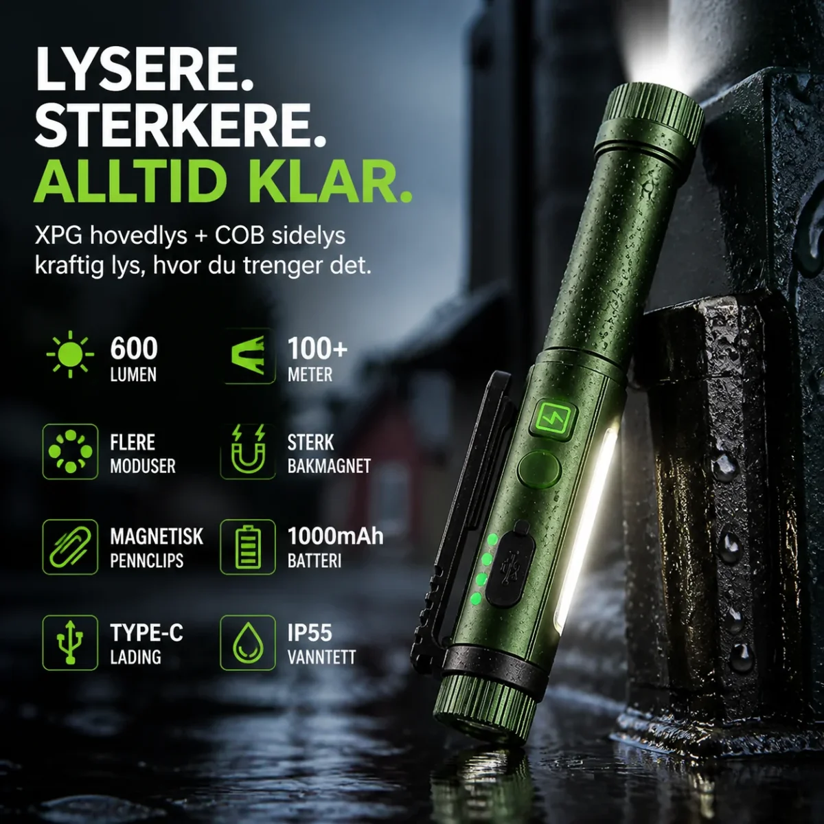 🔦 Magnetisk pennelykt i aluminium – 600 lumen, XPG+COB, 7 lysmoduser, Type-C. Sterk magnet i hode og hale – tåler regn og støt! 💪🌧️ - Image 2