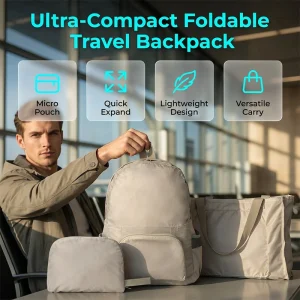 🎒 Sammenleggbar Lett Reise Ryggsekk – Komprimeres til Liten Pung & Utvides til Stor Dagsekk! ✨ Vanntett & Rivesikker – Perfekt for Reiser, Hverdag & Tur. 💪 160g – Bær Komfortabelt Hele Dagen.